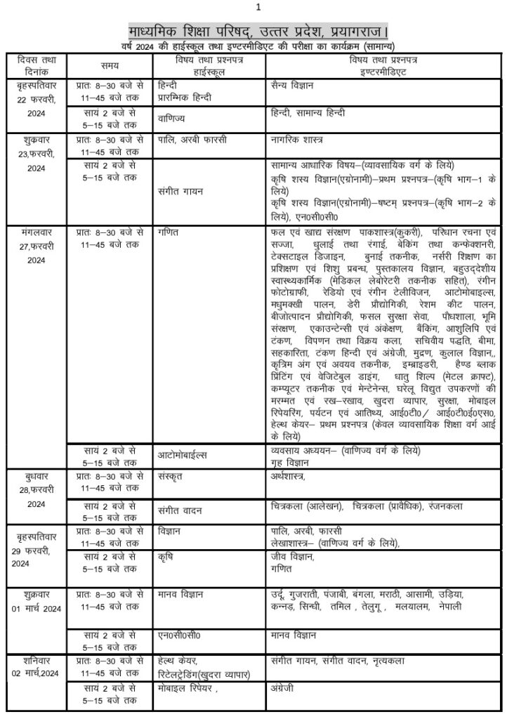 10th board exam date sheet up board